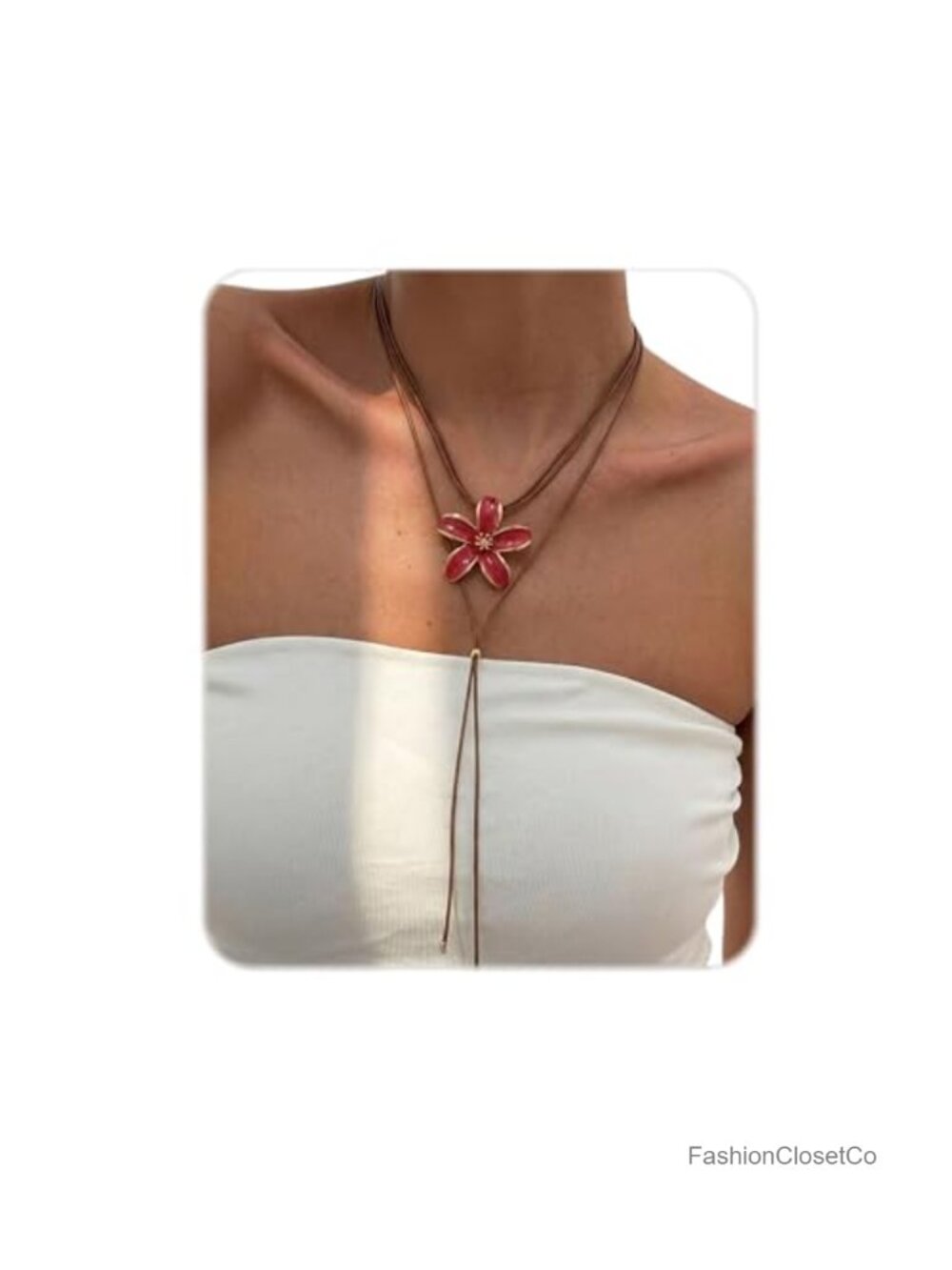 Enamel Flower Pendant Necklace Wax Cord Adjustable Y-Shaped Boho